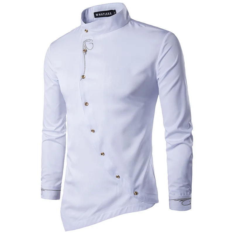 

Mens Embroidery Mandarin Collar Dress Shirts Hipster Slim Fit Long Sleeve Casual Shirt Men Party Wedding Tuxedo Chemise Homme