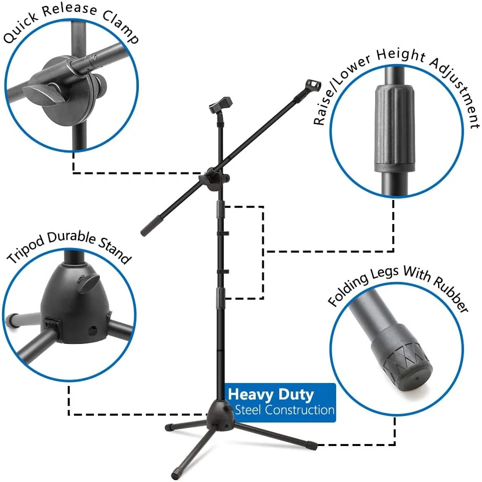 Microphone Stand, Heavy Duty Adjustable Collapsible Tripod Boom Mic Stands with 2 Mic Clip Holders for Performance, Karaoke Sing