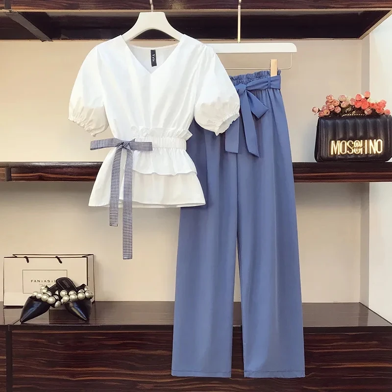 

Two Piece Set White V-Neck Bow Lace Up Elastic Waist Shirt Blouses Blue High Waist Wide Leg Ankle-Length Pants Sets For Women