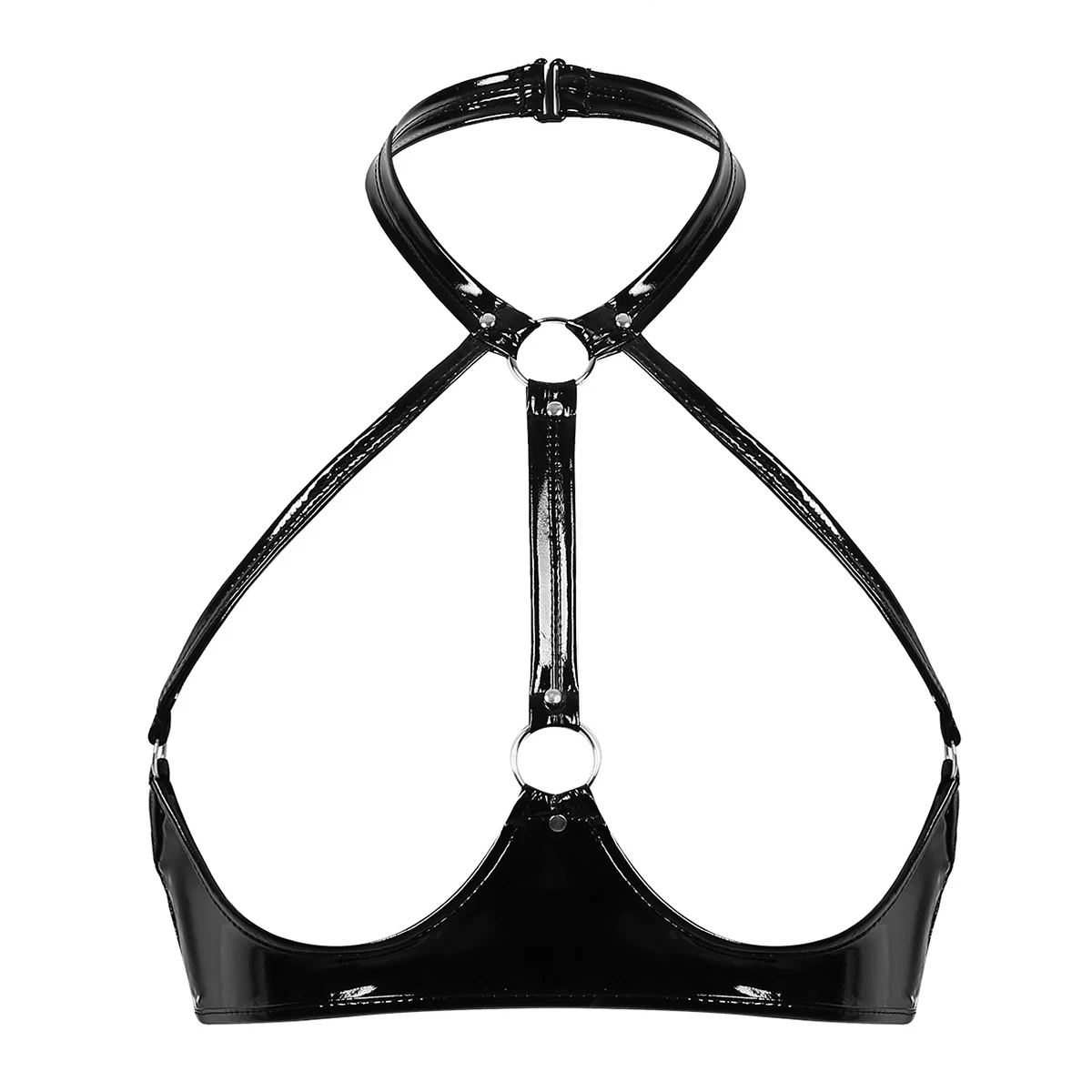 Women\'s Wet Look Patent Leather Bra Sexy Open Cups Nipple Wire-free Unlined Bra Lingerie Halter Neck Backless Crop Tops Clubwear