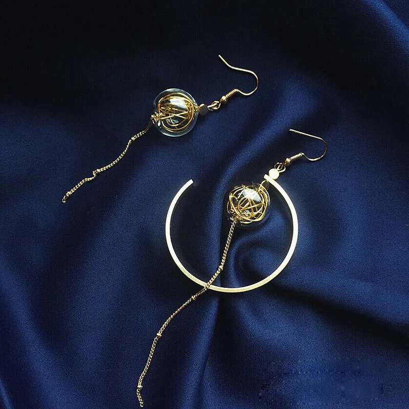 Unique Copper Wire Glass Ball Asymmetric Dangle Earrings For Women Original