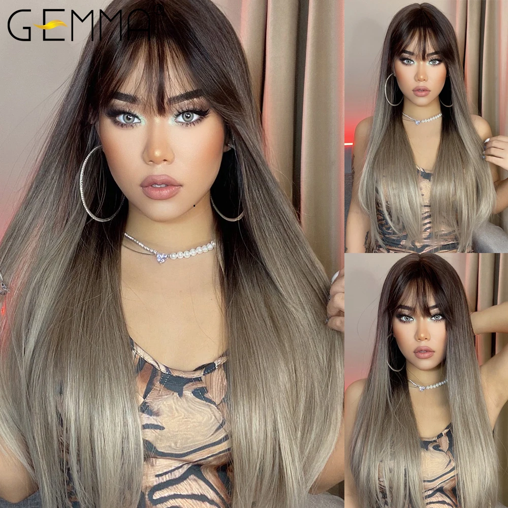 GEMMA Long Straight Synthetic Wigs Ombre Brown Gray Wig with Bangs for Women Cosplay Lolita Daily Party Heat Resistant Fiber