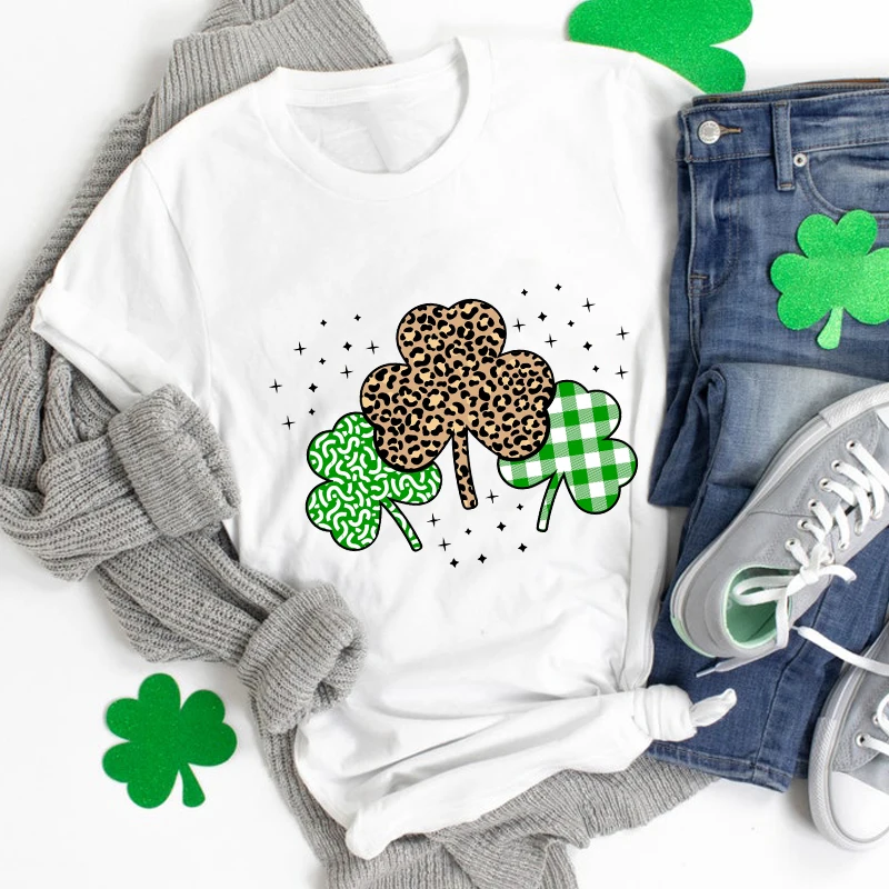 

Colored Leopard St Patricks Day T-shirt Cute Women Four-Leaf Lucky Tee Shirt Top