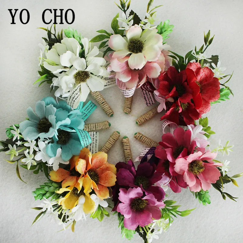 YO CHO Mini Sunflower Boutonniere for Groomsmen Wedding Wrist Corsage Bracelet Bridesmaids Boutonniere Flowers Wedding Supplies