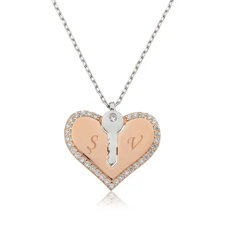 Silver Key To My Heart Zircon Stone Women Necklace 925 Sterling Fine Jewelry Wedding Party Birthday Gift - Box - Pendant - Chain Choker - Female - Ladies - Fashion