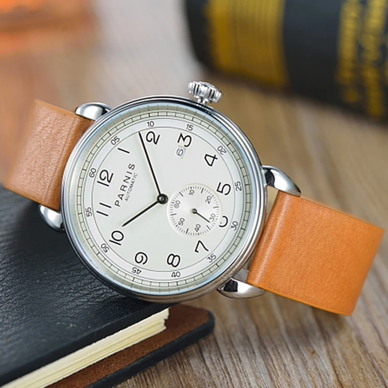 New Fashion Parnis 42mm White Dial Automatic Mechanical Men\'s Watch Silver Case Men Watches otomatik erkek kol saati Gift 2022