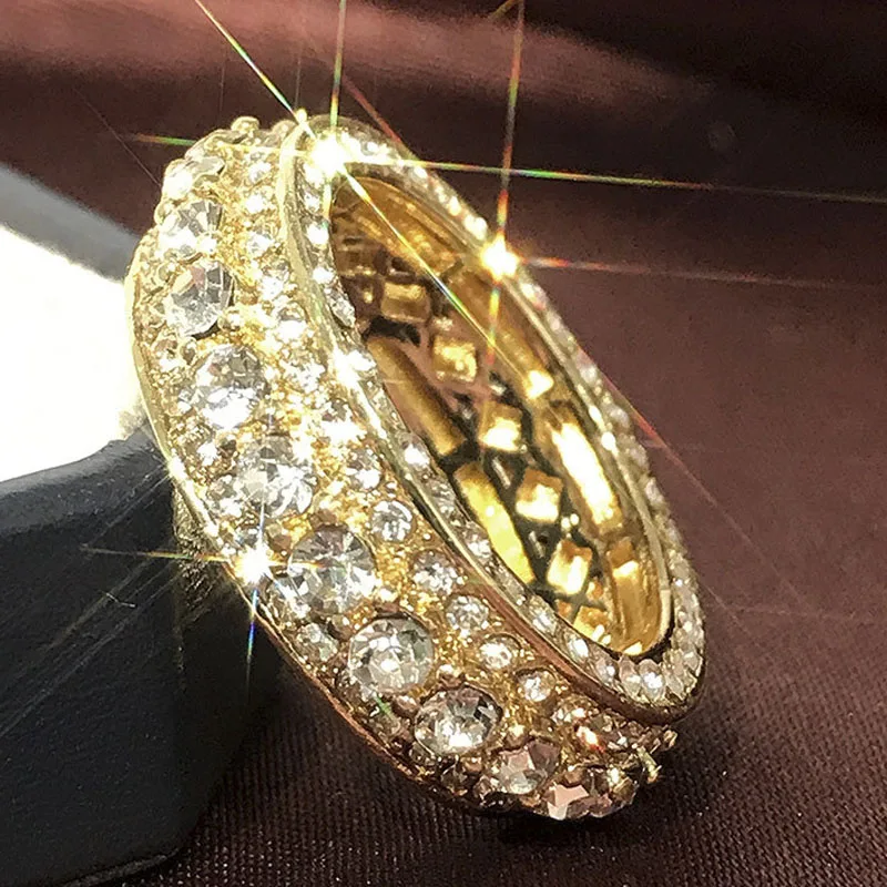 Fashion Gold Color Round Crystal Zircon Women\'s Ring Inlaid Rhinestone Female Ring for Party Jewelry Accessories Size 5-11