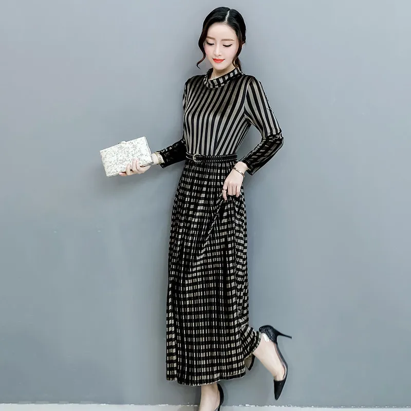 2020 Women's Dresses A-line Pleated Velvet Dress Female Stripe Long Dresses Large Sizes Vestidos Womens Clothing WXF522