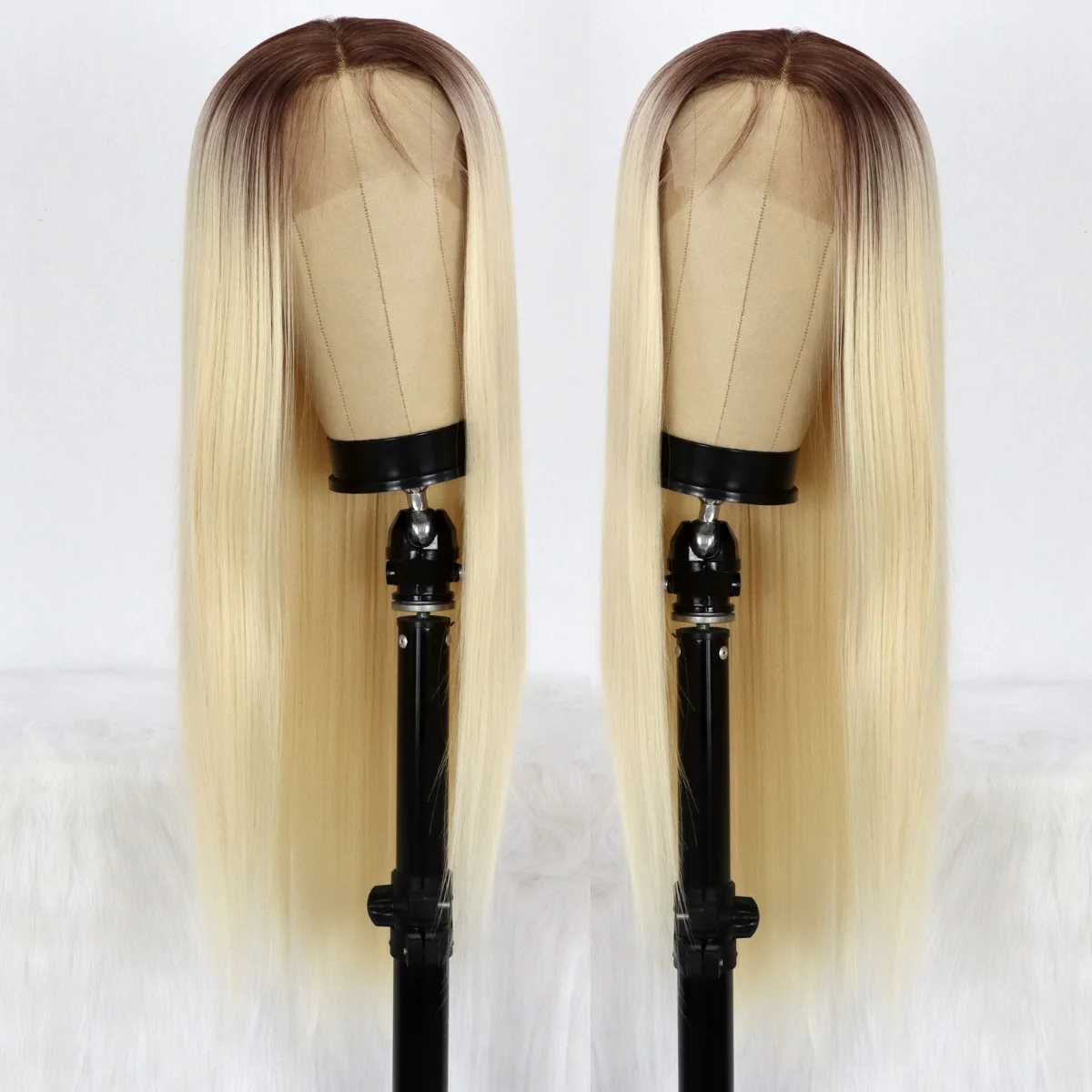 Platinum Blonde Lichtbruin Wortels Ombre Lace Front Pruiken Lange Silky Straight Hittebestendige Premium Yaki Synthetische Pruiken