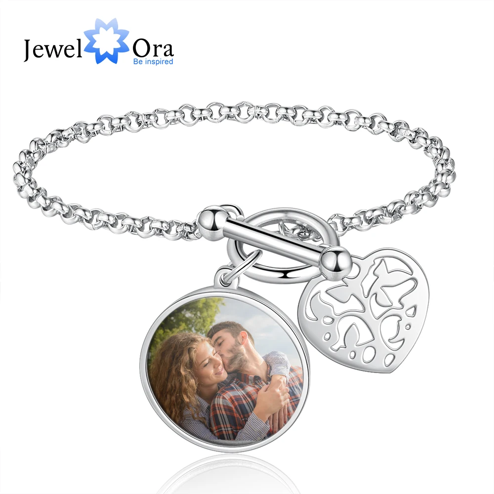 

JewelOra Personalized Photo Bracelets for Ladies Stainless Steel Heart Jewelry Engrave Name Charm Bangle Birthday Gift for Women