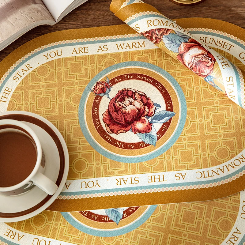 

Heat Resistant Dining Table Placemats, Oval Placemat Set of 2 Non-Slip Leather Tabletop for Kitchen, Holiday Party, Gold Rose