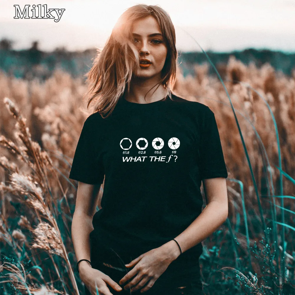 

em koszulki z nadrukami What The F t-shirt damski prezent dla fotografówT-shirt śmieszne topy kawaii damskie prezenty fotograficzny T-shirt