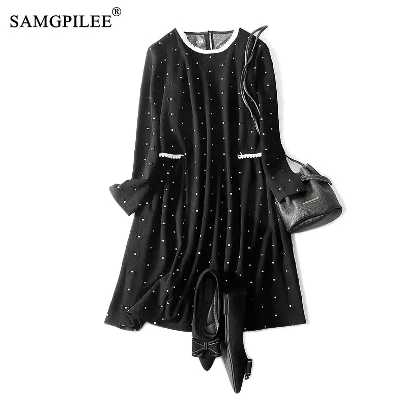 

Winter Dress Women 2021 Simple Ol Style Small Checkered Pattern Lace Collar Pocket Stretch Slim Korean Full Sleeve Dresses Woman