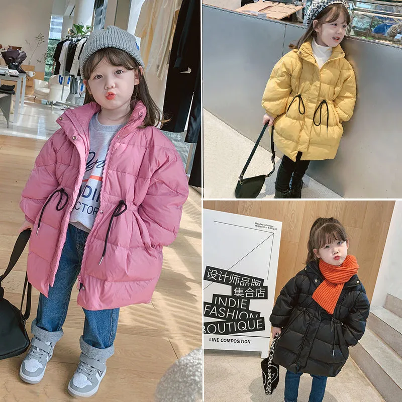 Nuove giacche lunghe con cappuccio per ragazze invernali cappotti con coulisse per bambini spessi e caldi moda per adolescenti giallo rosso nero di