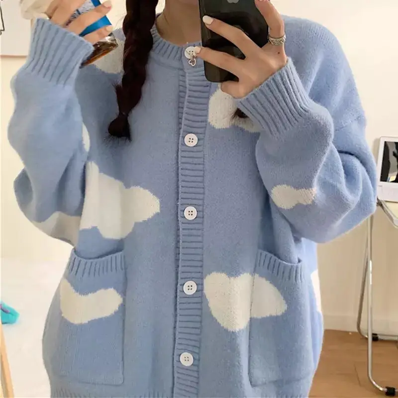 

Korean Sweater Women 2021 New Arrival Cute Cloud Print Cardigan Top Fall Winter Loose Oversized Harajuku Cardigans Sueter Coats