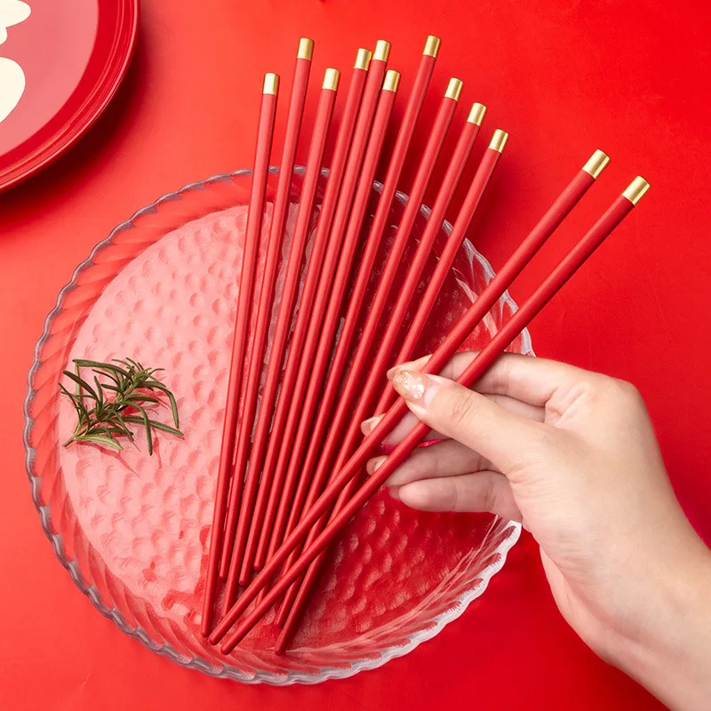 5 pairs Red Chopsticks Wedding Anti-skid High Temperature Resistant Sushi Sticks High-value Alloy Chopsticks for Gifts