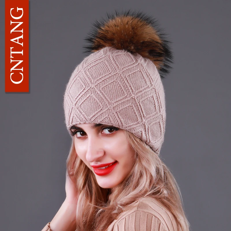 Multiple Styles Fashion Warm Hat Women Winter Beanies Natural Raccoon Fur Pompom Cap Wool Knitted Hats Women High Quality