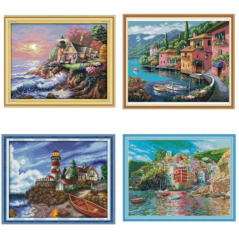 Seaside scenery series Printed Cross Stitch Kit 11CT 14CT Counted Canvas Embroidery Set DIY Needlework Home Decoration Gifts