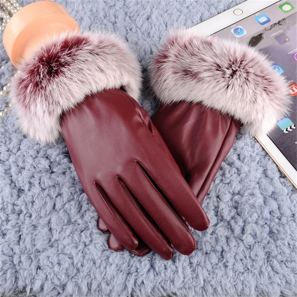 

Autumn and Winter Outdoor Female Rabbit Fur Pu Touch Mobile Phone Screen Warm Leather Gloves for Velvet Windproof Cycling Gloves