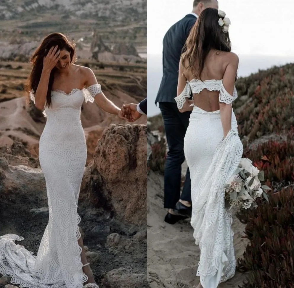 Elegante Bohemian Kant Trouwjurken Backless Boho Slit Bruidsjurken Off Shoulder Bruidsjurk Plus Size Vestidos De Noiva