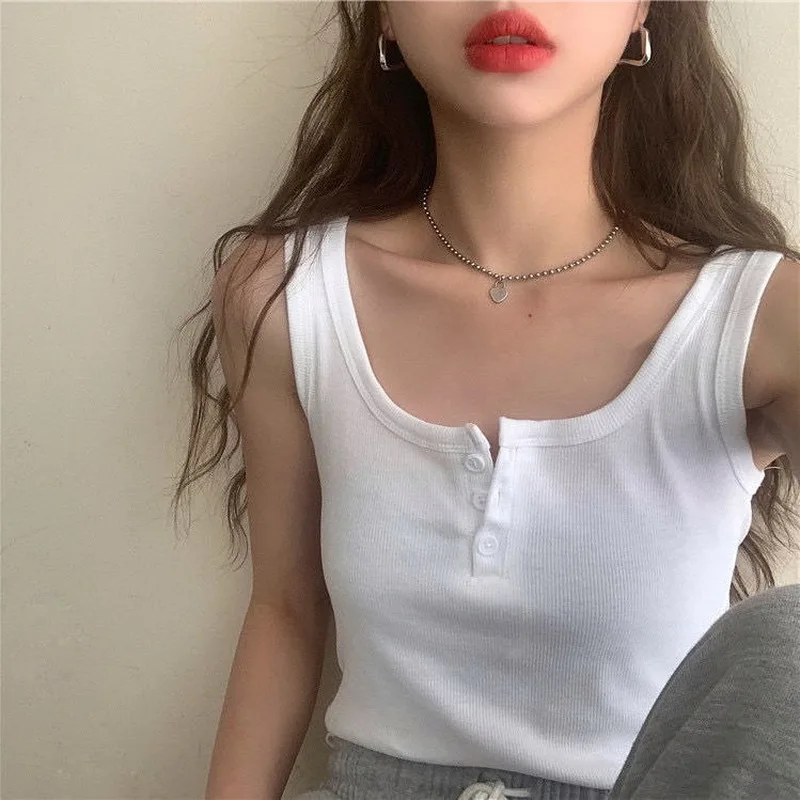 3 Colors Tanks Women Solid Basic Button Korean Style Chic Trendy Popular Leisure All-match Streetwear Female Crop Top Summer Ins