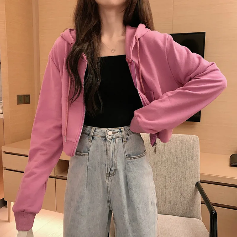 With Hat Hoodies Chic Autumn Trendy Korean Solid Zip-up Ladies Cropped Hoodie All-match Loose Popular Womens Sweatshirts Stylish