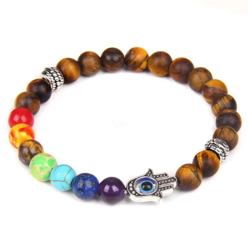 Natural Black Lava Stone 7 Chakra Beads Bracelet for Men Women Stretch Fatima Hamsa Hand Charm Blue Eye Bracelet Lucky Jewelry