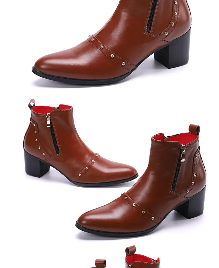 Herbst und Winter spitze High Heels Herren stiefel binden eine Kette Niet Gürtels chnalle dicken Absatz echtes Leder dicke Stöckels tiefel – Detail 11