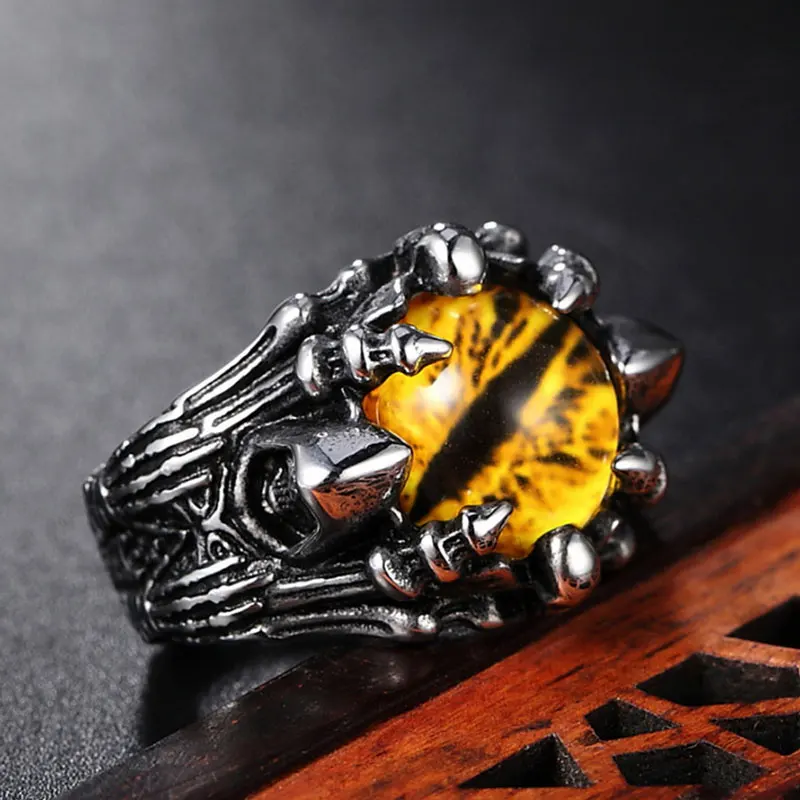 Yellow Red Eye Wizard Ring Stainless Steel Jewelry Fashion Grim Reaper Ghost Skull Claw Biker Mens Boys Ring SWR0984A