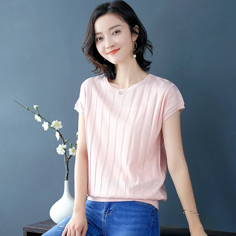 2021 Korea Pullover knitted Short Sleeve Knitted Sweater Women New Summer Slim Basic Solid Casual Base Female knitting Shirts