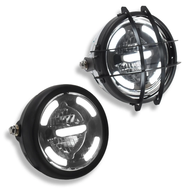 E-stamp 6.5 Inch Universal Retro Motorcycle Modification LED Headlight with Grille Cover Warm Temperatur Driving Light GN125 250