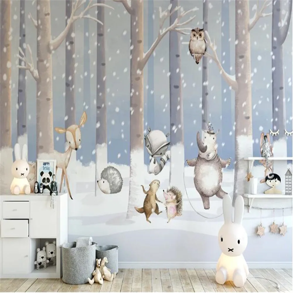 Milofi professional custom large wallpaper mural children's room winter snow scene cartoon animal world background wall