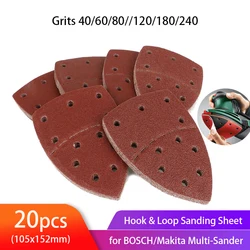 Hojas de lijado para ratón 20 piezas, almohadillas para lijadora de gancho y bucle, 11 agujeros, papel de arena, grano 40-320, ajuste surtido, multilijadora Bosch para pulir
