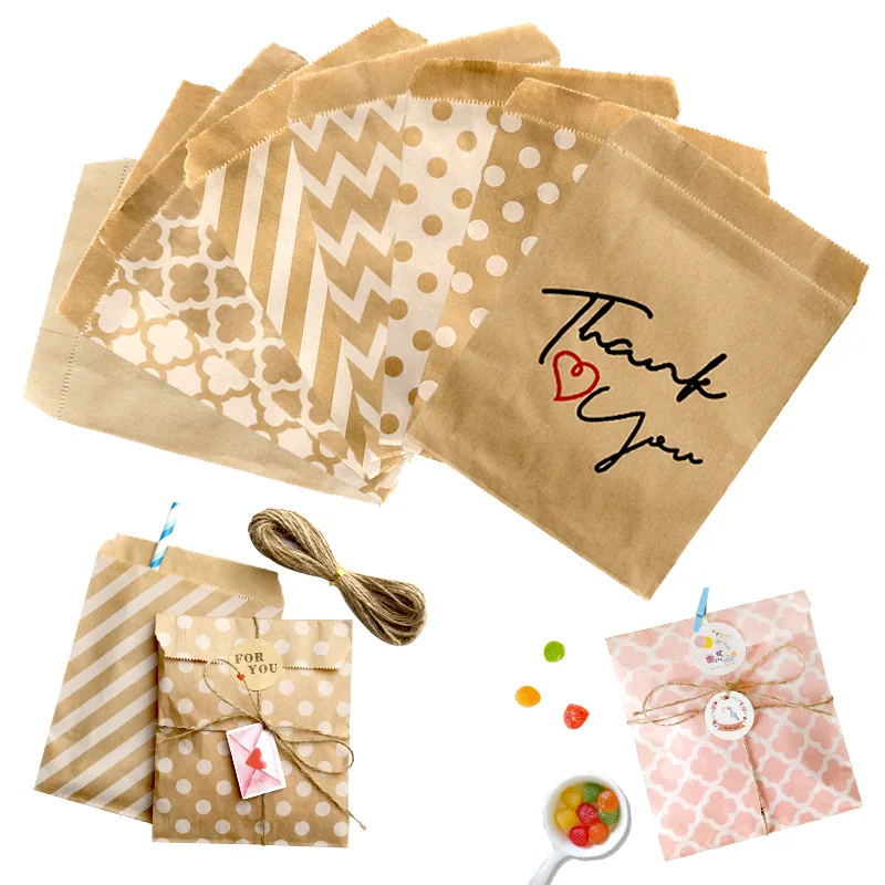 100PCS 13x18cm Kraft Paper Bag Candy Biscuit Popcorn Bag Brown Lucky Wave Dot Packing Pouch Pastry Tool Wrapping Wedding Party