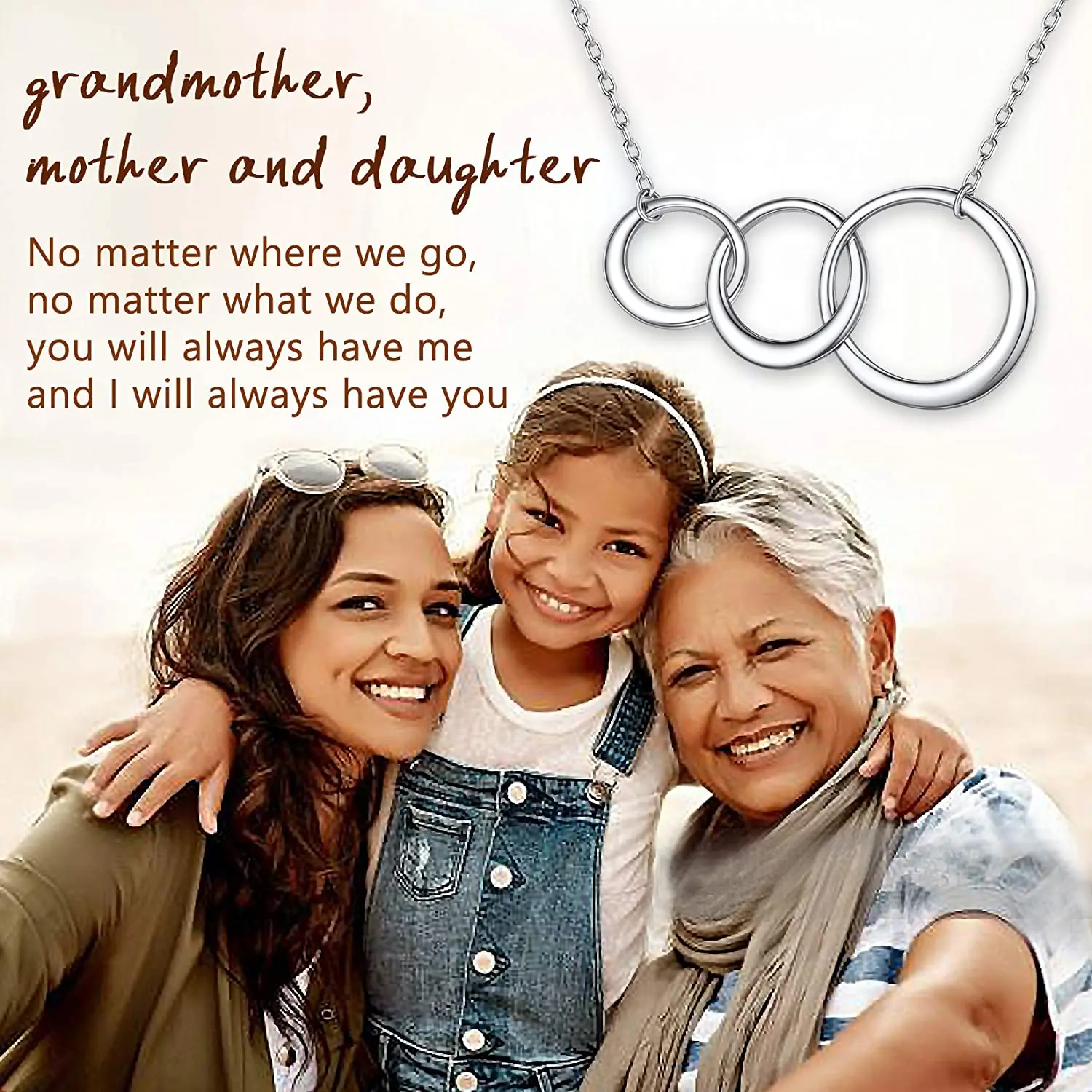 U7 925 Sterling Silver 3 Interlocking Circles Necklace Pendant Generation Necklace Love Between Daughter Mother 16 Inch