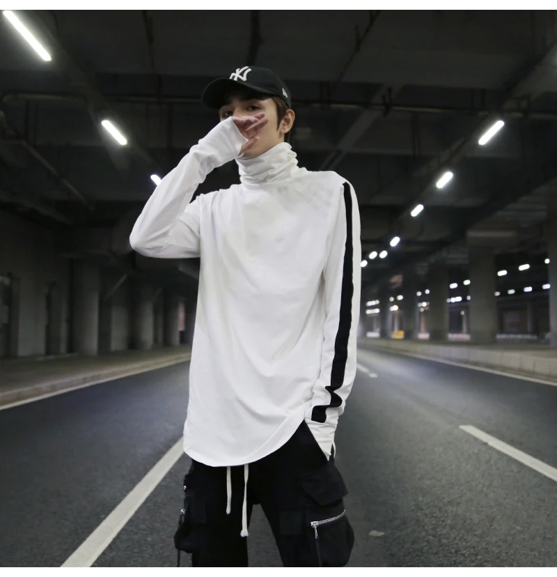 

High street retro horizontal bar high neck face mask design cotton bottoming long sleeve trendy male arc ninja sleeve bottom