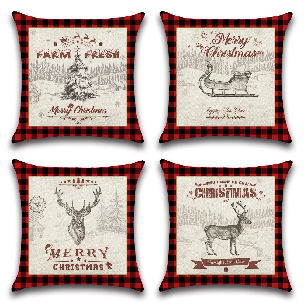 Christmas Hand Painted Elk Christmas Tree Sleigh Theme Throw Pillow Bear Cushion Cover Car Home Sofa Decorative Pillowcase