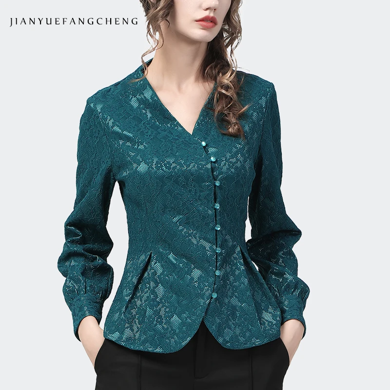 Vintage Women Lace Top Asymmetry Pearls Button Down Tunic Shirt 2021 Autumn New Long Sleeve Elegant Slim Office Ladies Blouses