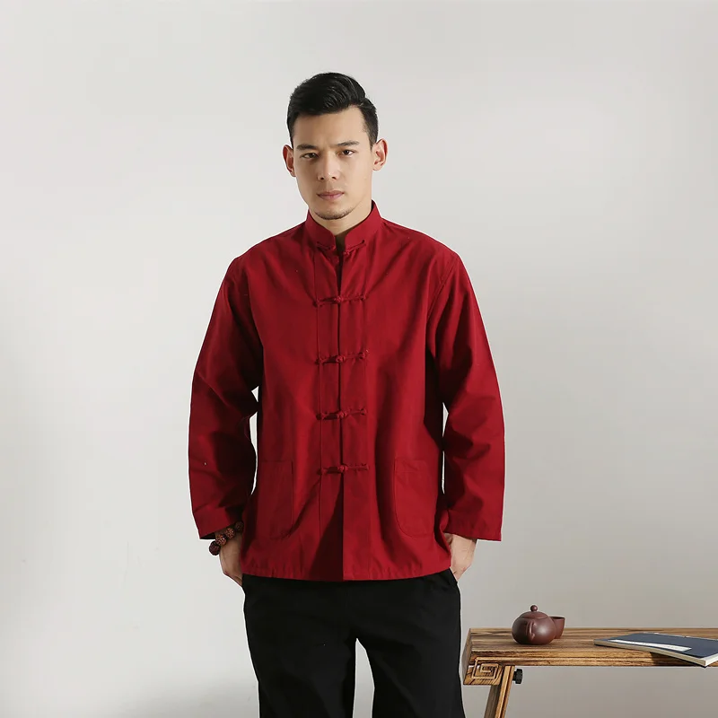 Traje masculino hanfu, fantasia sólida de manga longa, algodão tradicional chinês, roupa tang, camisa, uniforme, kung fu tai chi