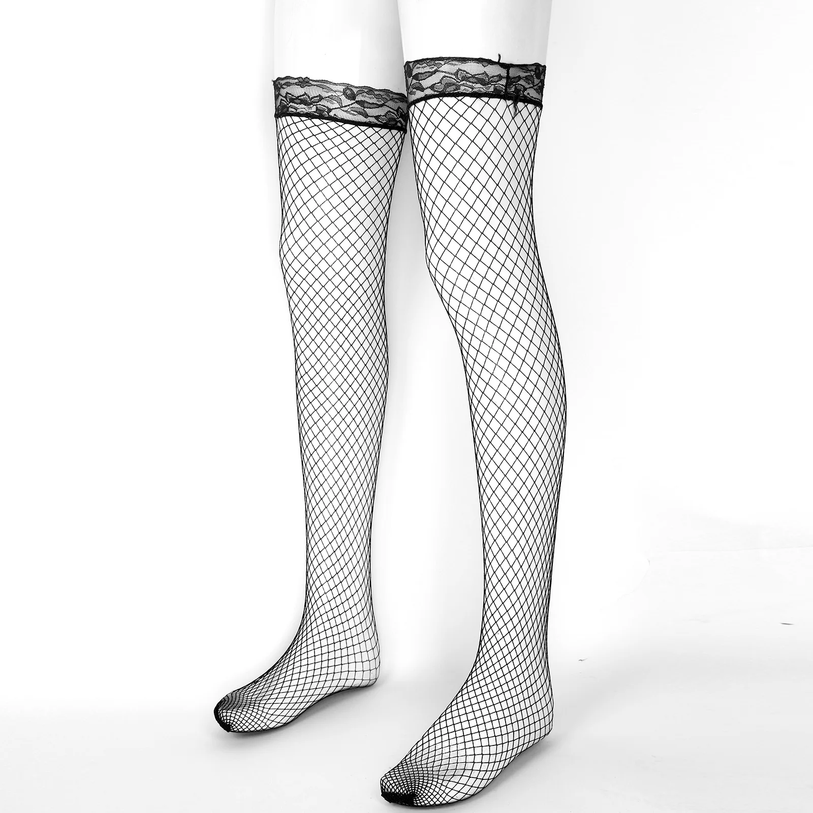 

Men Fishnet Stockings Summer Fashion Breathable Sexy See-Through Seamless Lace Trimming Hollow Out Mesh Hosiery Thigh-High Socks