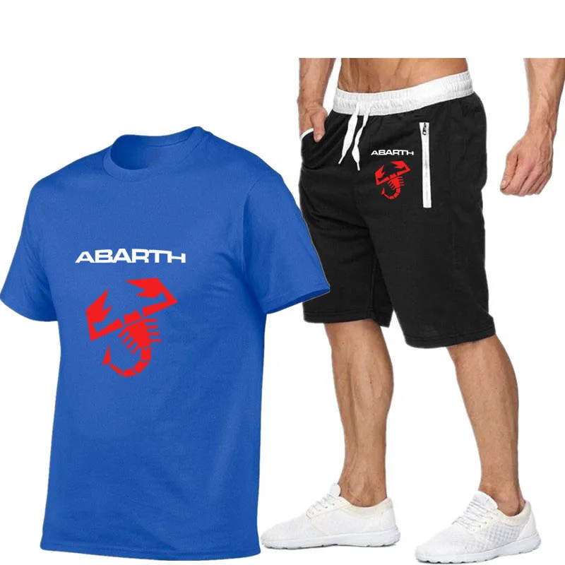 T-shirts en coton tendance pour hommes, 2 pièces, Harajuku, manches courtes + shorts, logo Abarth imprimé, été, respirant, sport de haute qualité