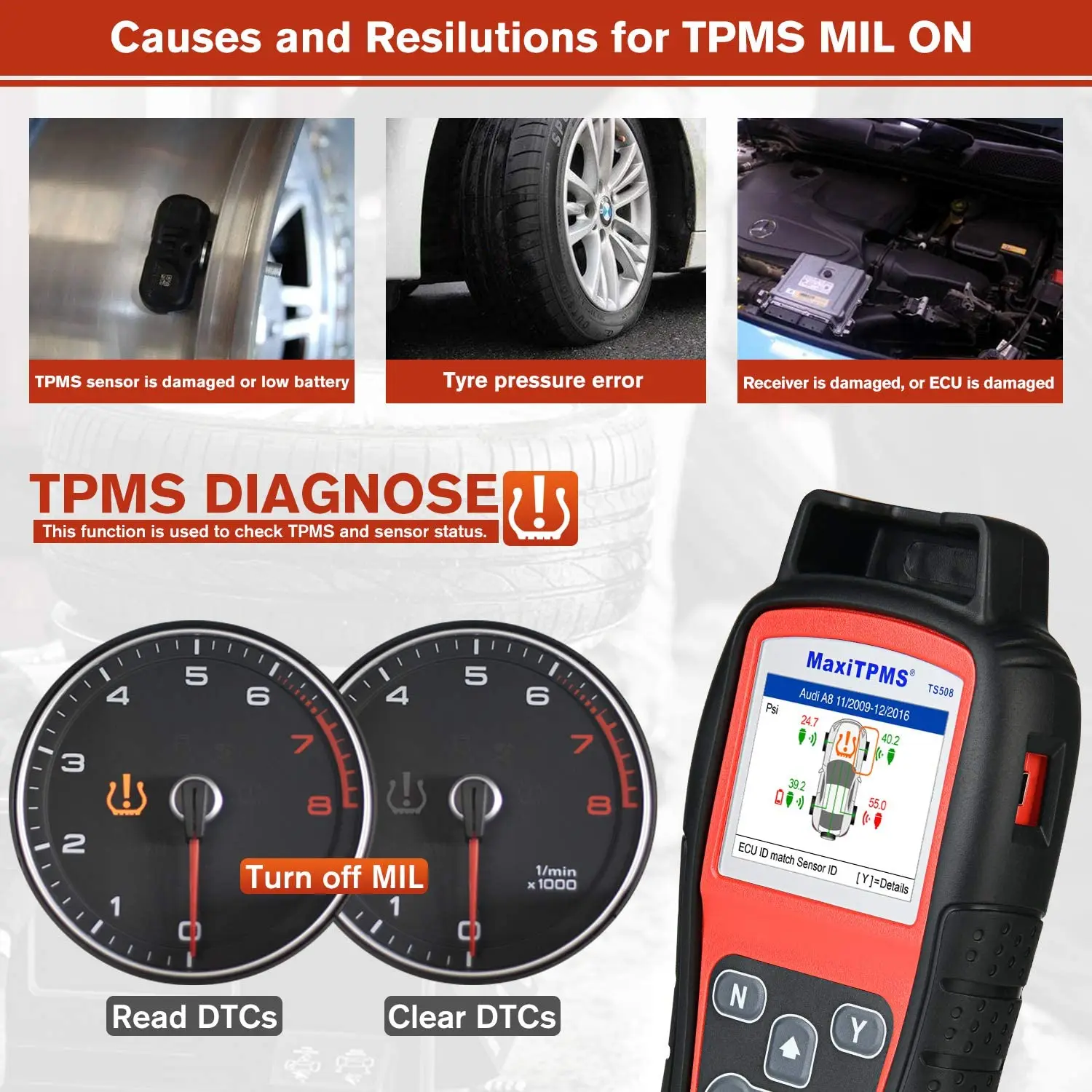 Autel TPMS TS508 TPMS Tool OBD2 Scanner Program MX-Sensor Sensor 315 433MHZ Tire Repair TPMS Relearn Reset Programing Programmer