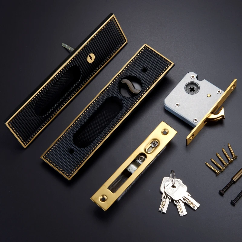 

Brass Sliding Door Lock Set Modern Stripy Push Pull Hidden Handle Interior Living Room Bathroom Balcony Lockset With Key