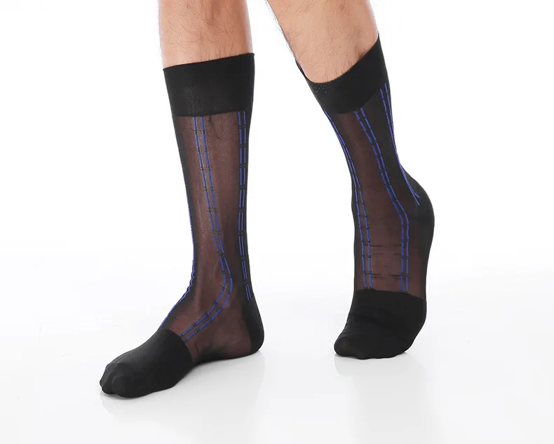 Men's Silky Socks Jacquard Bamboo Stripe Pattern Transparent Mesh Business Men Socks Gentleman Basic Black Navy White Nylon Sock