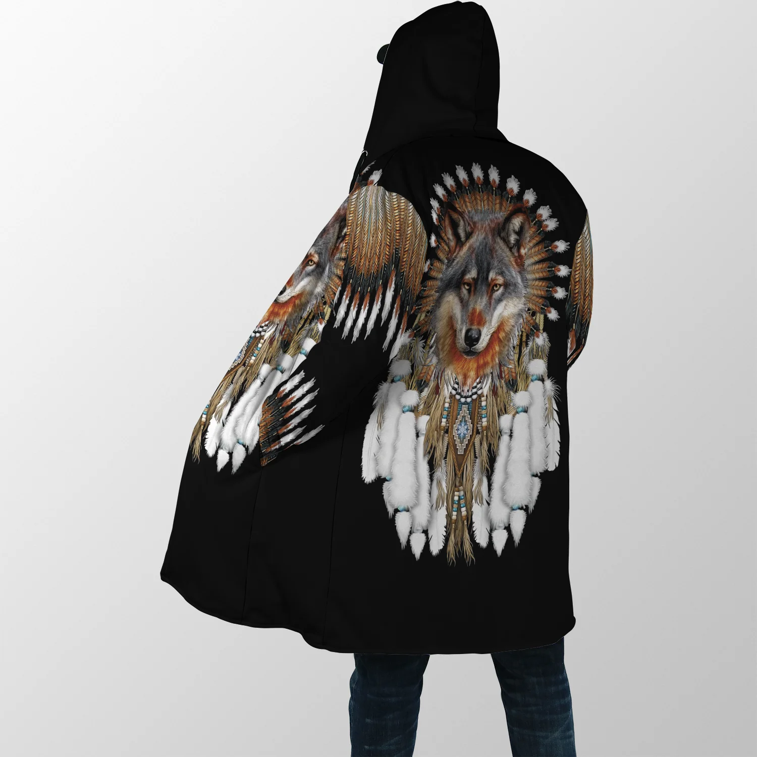 2021 Winter Mens cloak Beautiful Tribal Native Wolf 3D full Printing Thick Fleece Hooded Coat Unisex Casual Warm Cape coat DP15