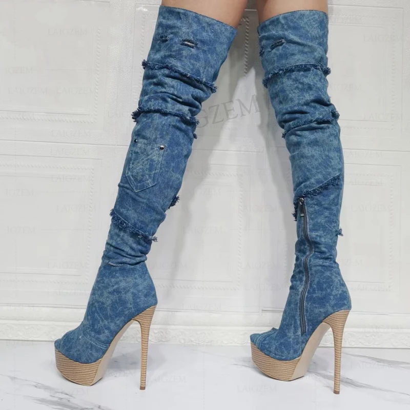 

SEIIHEM Women Thigh High Boots Platform Peep Toe Denim Over Knee Boots High Heels Party Female Shoes Woman Big Size 41 44 52