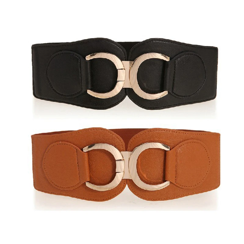 

(10 pieces/lot) Women's gold C buckle wide elastic belt lady wide cummerbund elastic band color in black, red, camel