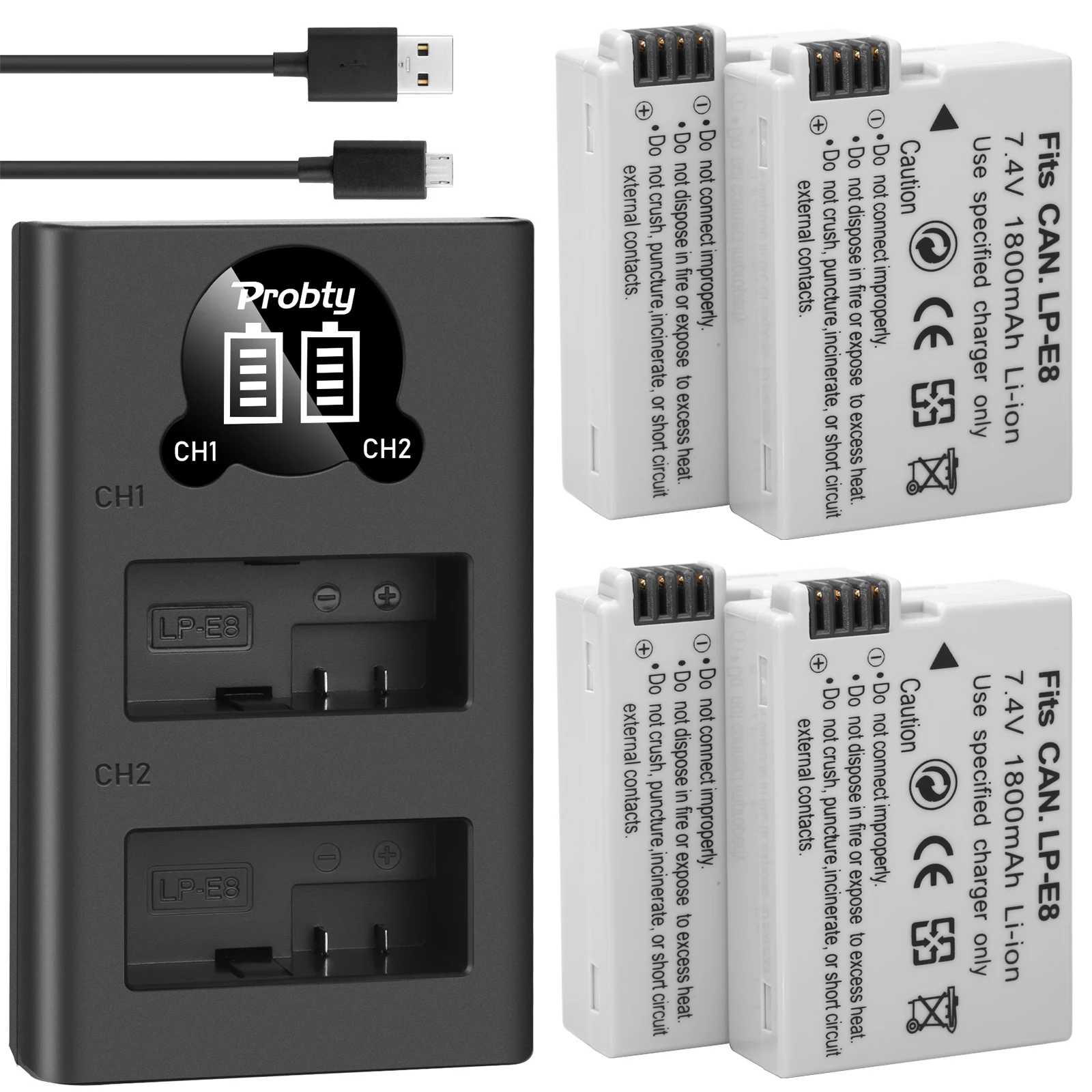 

4Pcs Probty LP-E8 LPE8 LP E8 Camera Battery + LCD USB Dual Charger for Canon EOS Rebel T5i T4i T3i T2i EOS 600D 550D 650D 700D