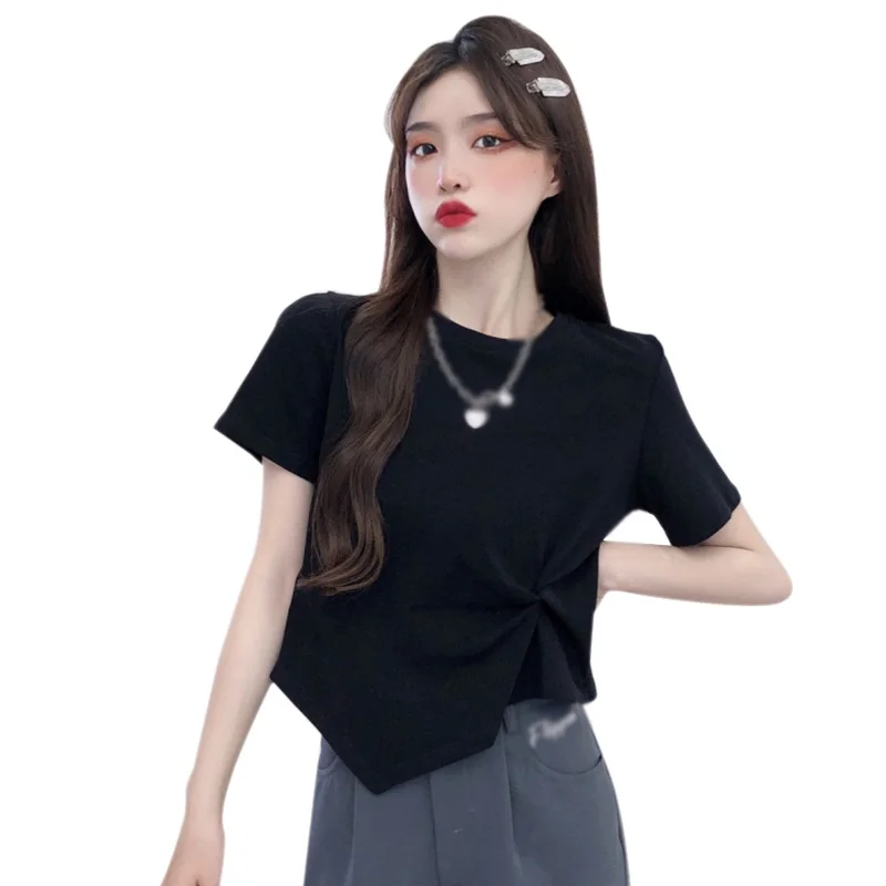 Women Solid Irregular T Shirt Korean Short Sleeve Tops Ladies  O-Neck Casual Blouses 2021 Elegant Female Clothes