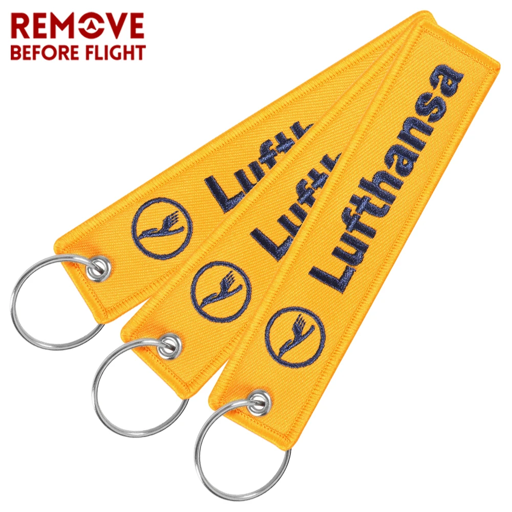 1PCS Embroidery Yellow Lufthansa Keychains Jewelry Key Tag Label Fashion Keyrings Flight Crew Pilot Key Chain For Aviation Gifts